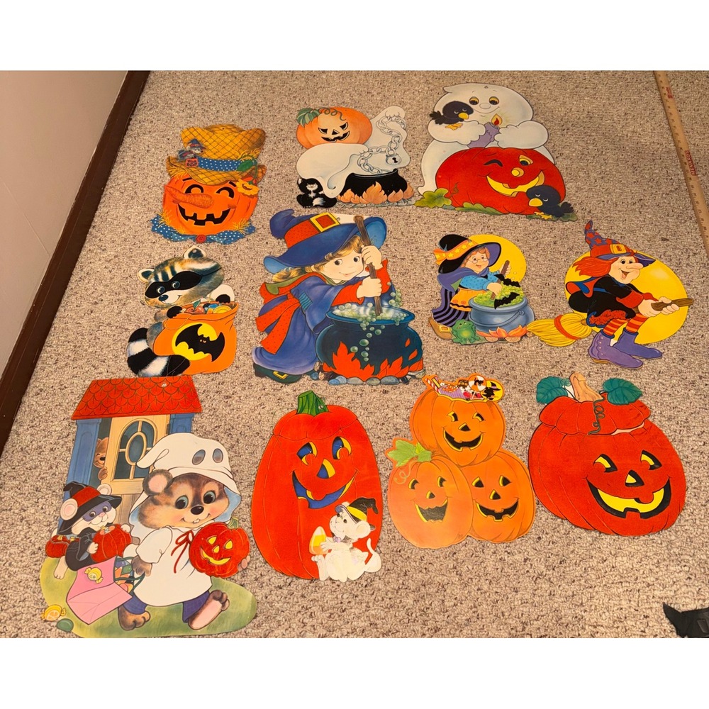 Vintage Halloween Die Cut XL 80s 90s Lot 11pc Witch Ghost Pumpkin Flocked Retro